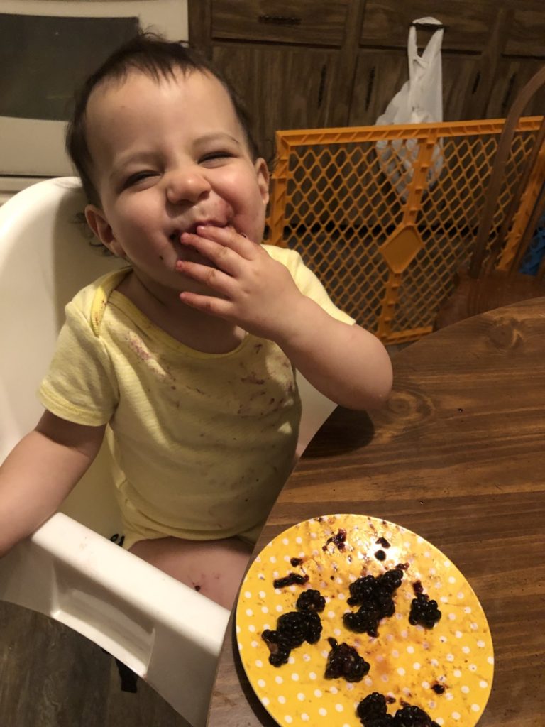 A toddler happily eating blackberries with blackberry stains all over her shirt, face, hands, and legs